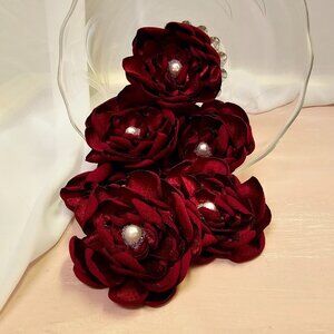 6pc Rose Bordeaux Satin Flower Set with Pearl Centers
